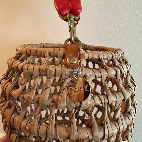 Clare V Pot De Miel Straw Bucket Bag with Tomatoe Red Leather Handle - Picture 3 of 6